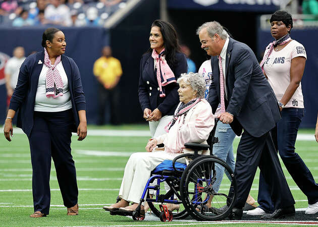 Houston Texans owner Janice McNair and Cal McNair at NRG Stadium on Pink Ribbon Day on October 02, 2022 in Houston, Texas.