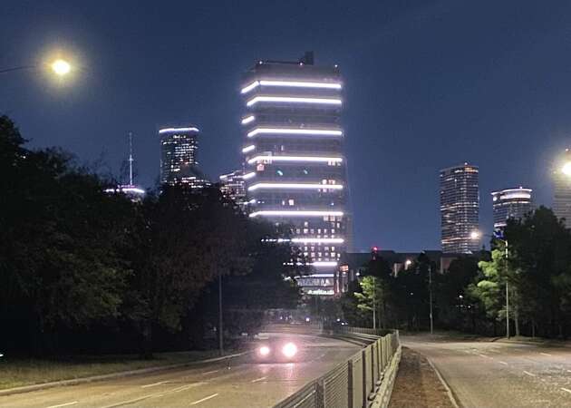 The Allen Tower at 759 Gillette St. is wrapped in ultra-bright LED lights.