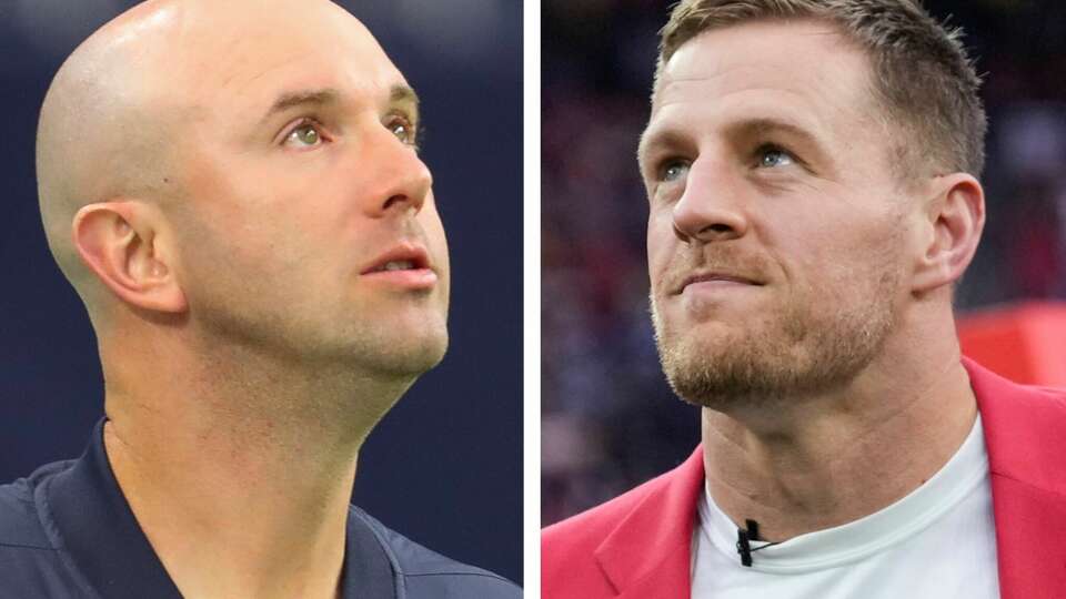 Jack Easterby (left) was an embattled team executive for the Houston Texans until he was fired in 2022. J.J. Watt (right) appeared to take a shot at Easterby during an appearance on ESPN's The Pat McAfee Show on Wednesday, Jan. 10, 2024.