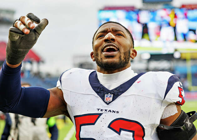 Jonathan Greenard #52 of the Houston Texans runs off the field after a game against the Tennessee Titans at Nissan Stadium on December 17, 2023 in Nashville, Tennessee.