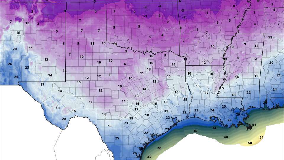 Here is a look at potential low temperatures in Texas by next Tuesday morning. Many Texas cities will experience temperatures as low as the teens, while temps in a few areas will dip into the single digits.