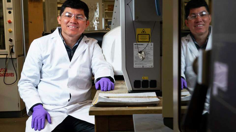 Research scientist Ciceron Ayala-Orozco poses in Dr. James Tour's lab in the Ralph S. O'Connor Building for Engineering and Science building at Rice University on Tuesday, Jan. 09, 2024. Ayala-Orozco was the lead author in a study for destroying cancer cells with light.