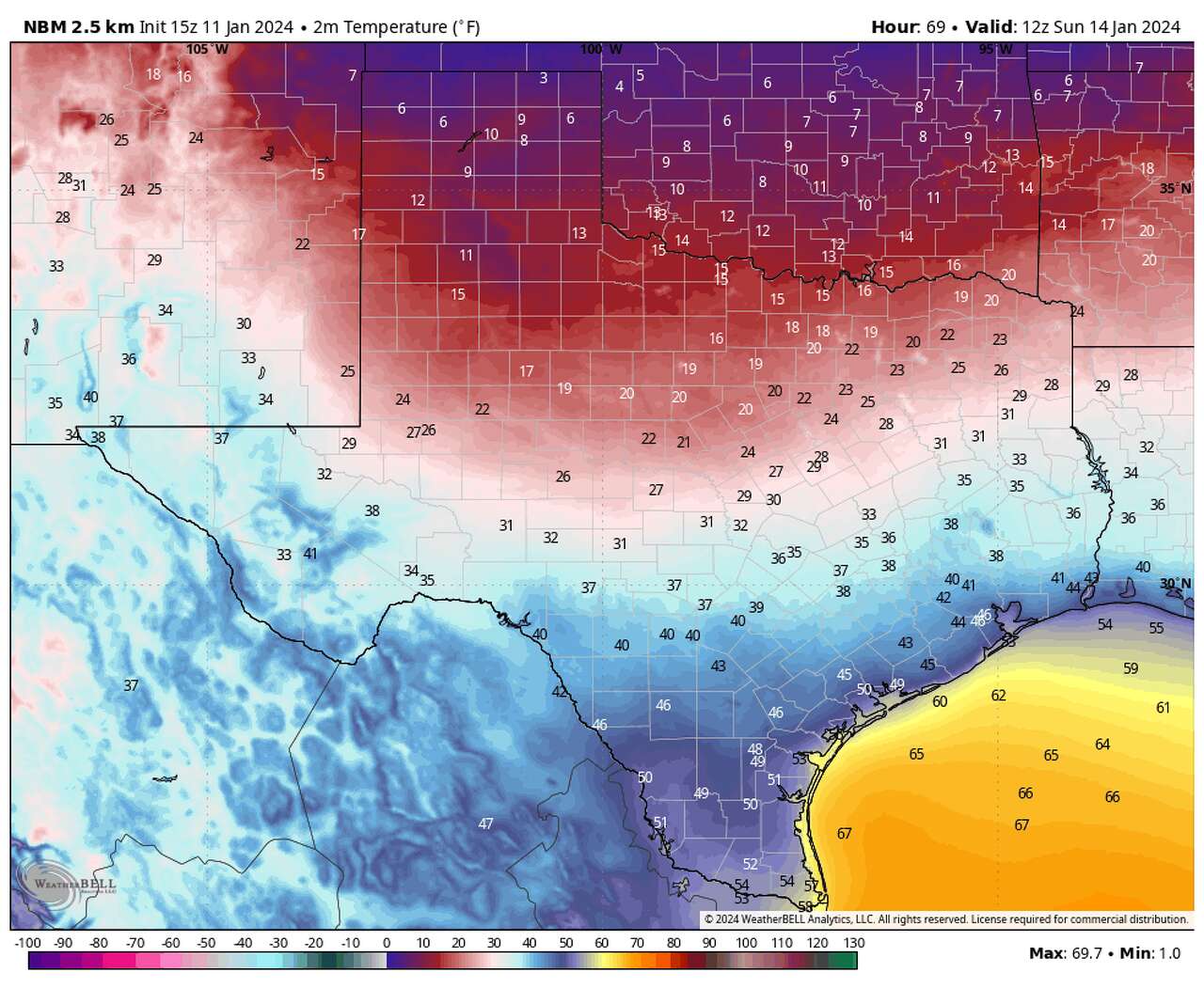 This map shows forecast temperatures early Sunday morning as a cold front pushes through Southeast Texas. Temperatures in the single digits and teens are likely across the Texas Panhandle and North Texas, with early morning temperatures Sunday near 40 degrees in Houston.