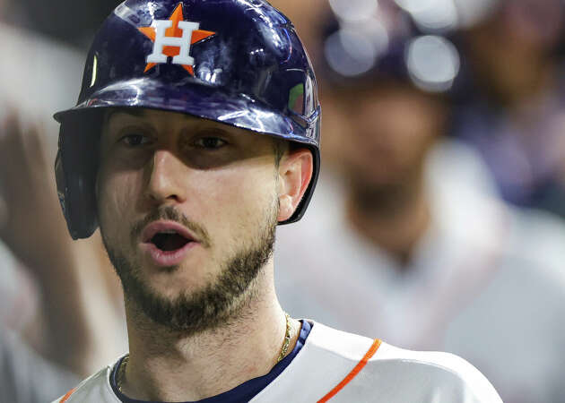 HOUSTON, TEXAS - SEPTEMBER 07: Kyle Tucker #30 of the Houston Astros reacts after hitting a two run home run during the sixth inning against the Texas Rangers at Minute Maid Park on September 07, 2022 in Houston, Texas. (Photo by Carmen Mandato/Getty Images)