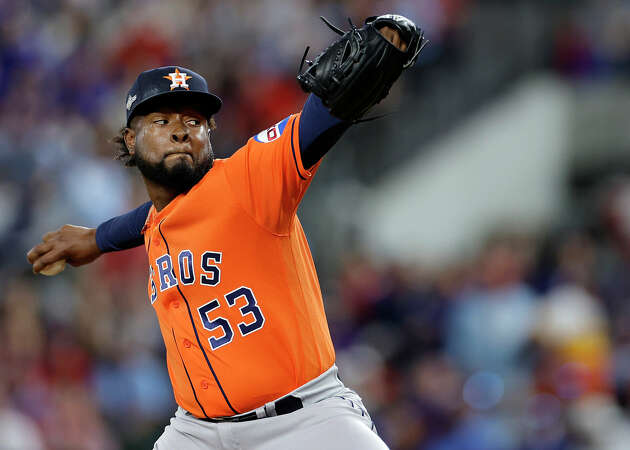 Cristian Javier #53 of the Houston Astros throws a pitch against the Texas Rangers during the first inning in Game Three of the American League Championship Series at Globe Life Field on October 18, 2023 in Arlington, Texas. 