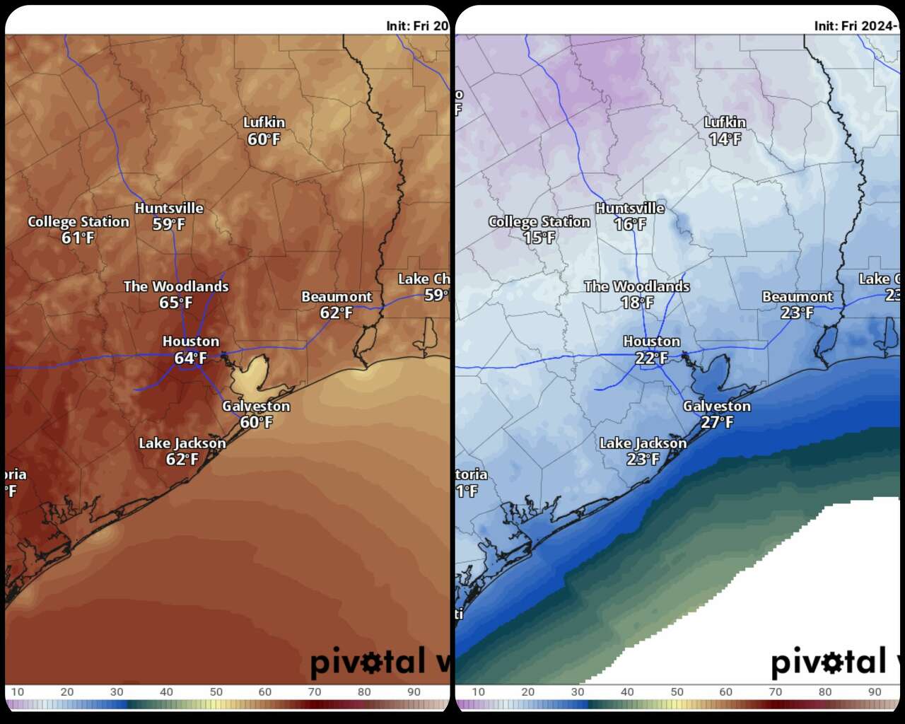 On the left: A warm day with highs in the 60s is expected in Houston on Saturday. On the right: A deep freeze is expected by Tuesday and Wednesday morning.