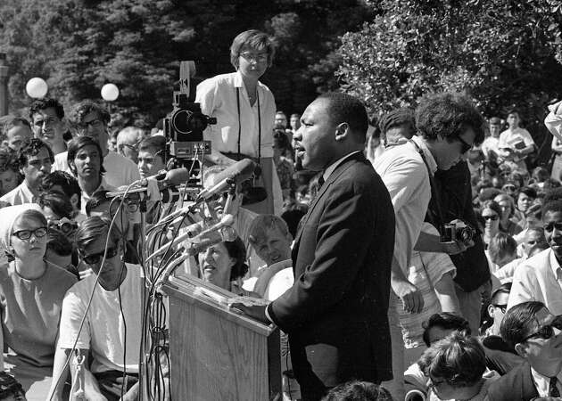 Martin Luther King Jr. speaks at U.C. Berkeley on May 17, 1967. The Upper Sproul Plaza speech about the Vietnam War drew thousands of students.