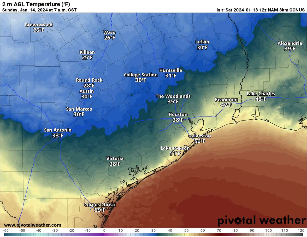 Here is a look at the cold front's likely position at 7 a.m. Sunday morning, the time of the Houston Marathon. Temperatures will drop the 30s in Houston.