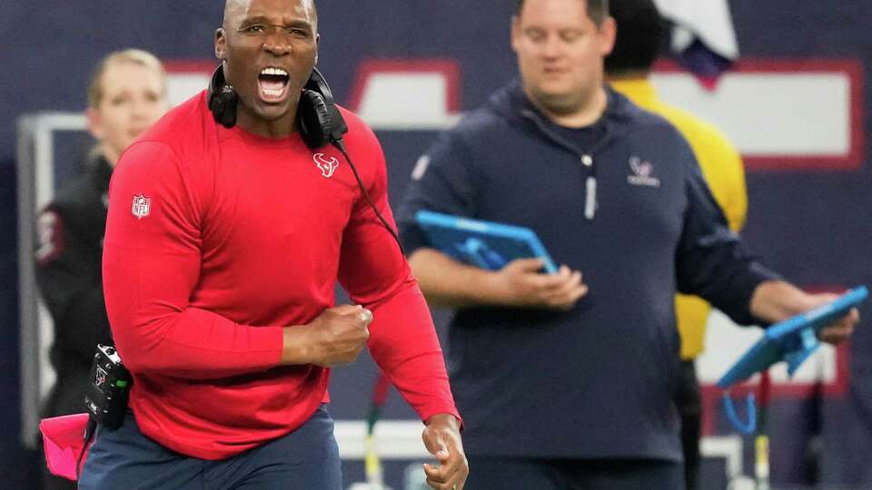 Houston Texans head coach DeMeco Ryans celebrates after linebacker Christian Harris sacked Cleveland Browns quarterback Joe Flacco during the second half of an AFC Wild Card football game at NRG Stadium on Saturday, Jan. 13, 2024, in Houston.