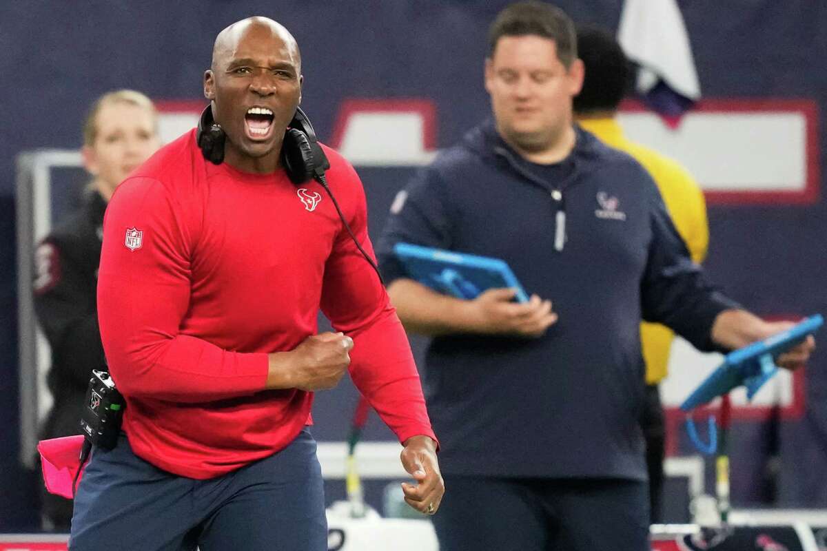 Houston Texans head coach DeMeco Ryans celebrates after linebacker Christian Harris sacked Cleveland Browns quarterback Joe Flacco during the second half of an AFC Wild Card football game at NRG Stadium on Saturday, Jan. 13, 2024, in Houston.