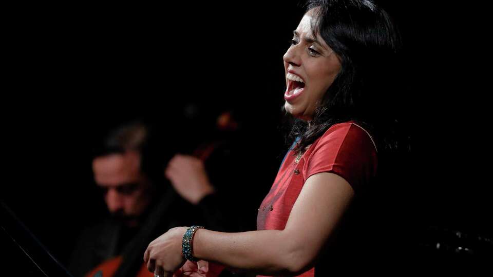From left, Daniel Saenz, cello, and Gitanjali Mathur, soprano vocalist, perform ÒJuhi Bansal: Love, Loss, and ExileÓ in the ÒBohemeÓ program with The Woodlands Diversion, a new performing arts group aimed at diversifying visual and performing arts in Houston's suburbs, held in the Music Hall at the Lone Star College Montgomery campus Saturday, Jan. 13, 2024 in The Woodlands, TX.