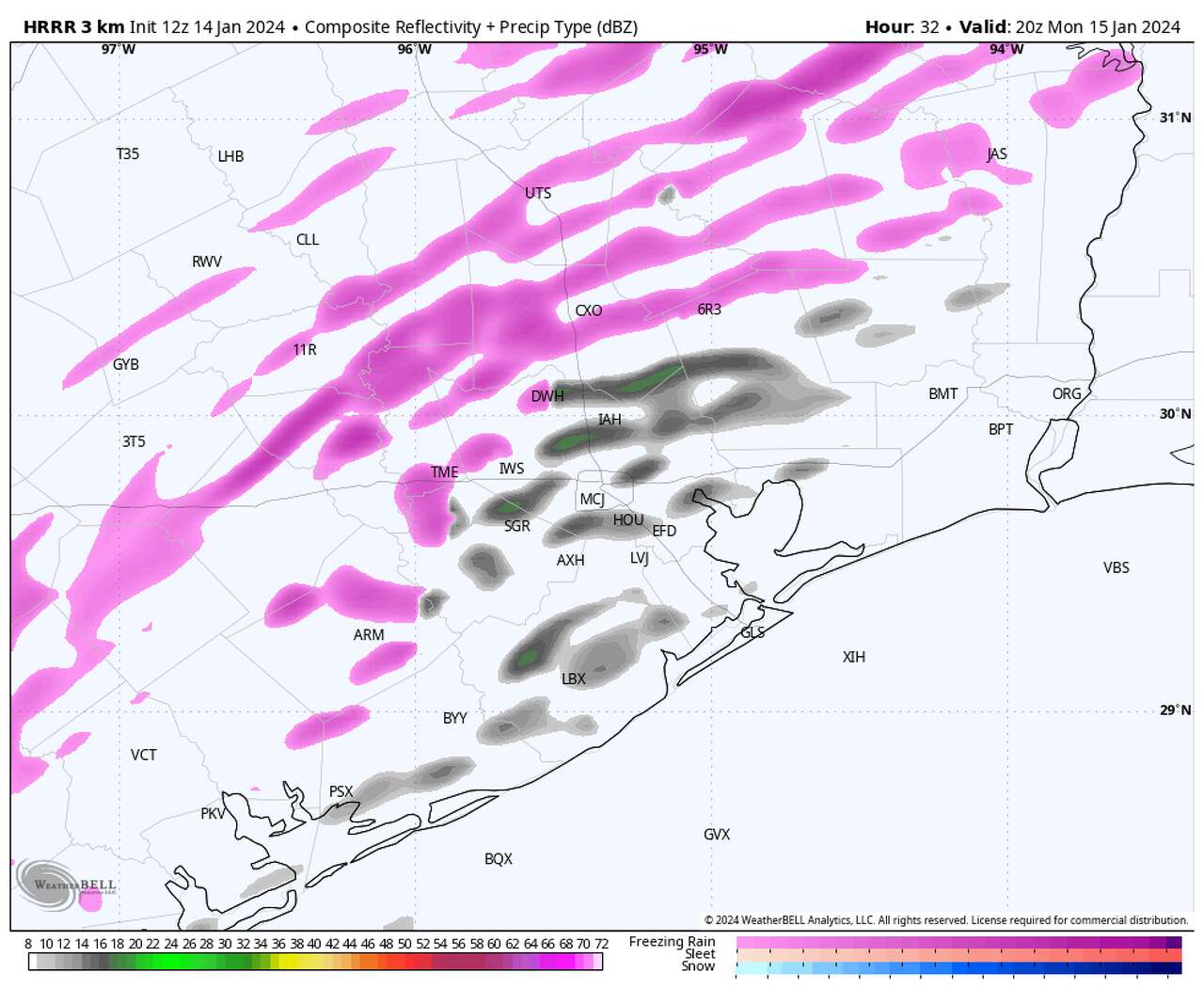 This map shows the High Resolution Rapid Refresh model's depiction of how radar could look Monday afternoon. The pink shades represent where freezing rain or drizzle could be possible. The darker colors near and south of Houston represent light rain and drizzle. Highs for MLK Day will be in the mid-30s for most areas.