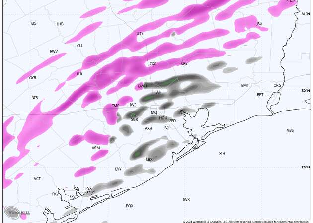 This map shows the High Resolution Rapid Refresh model's depiction of how radar could look Monday afternoon. The pink shades represent where freezing rain or drizzle could be possible. The darker colors near and south of Houston represent light rain and drizzle. Highs for MLK Day will be in the mid-30s for most areas.