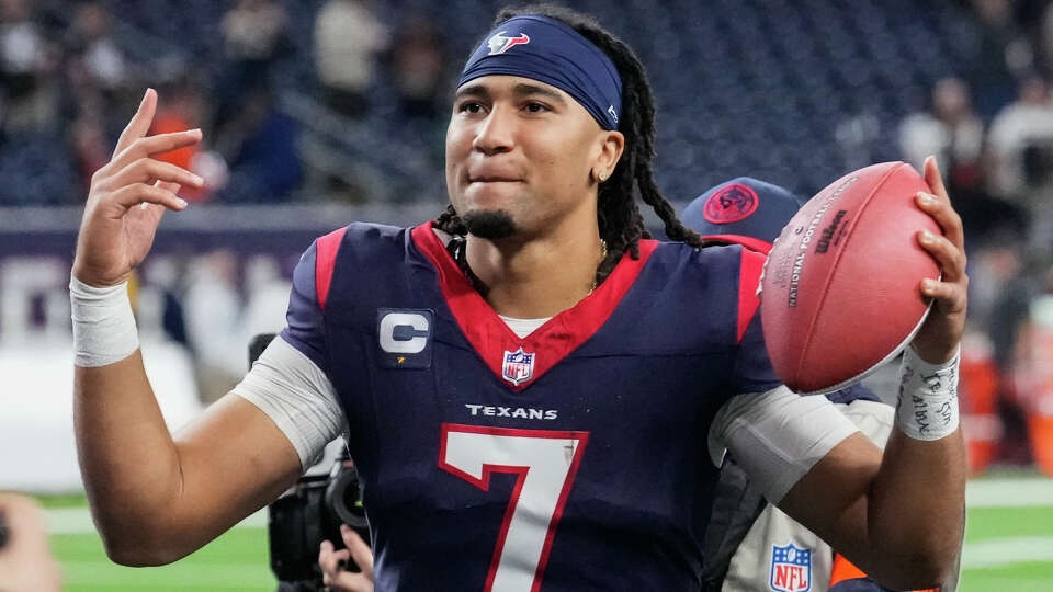 Houston Texans quarterback C.J. Stroud (7) celebrates after defeating Cleveland 45-14 during an AFC Wild Card football game at NRG Stadium on Saturday, Jan. 13, 2024, in Houston.