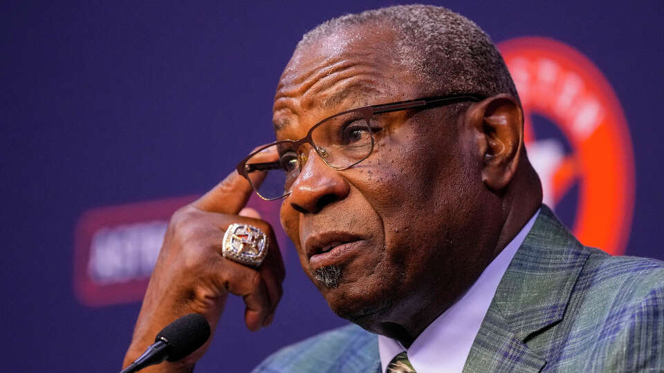 Dusty Baker Jr. answers questions from the media during a press conference announcing his retirement at Minute Maid Park on Thursday, Oct. 26, 2023, in Houston.