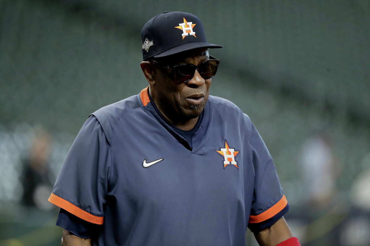 Manager Dusty Baker of the Houston Astros walks across the field before Game Two of the Championship Series against the Texas Rangers at Minute Maid Park on October 16, 2023 in Houston, Texas.