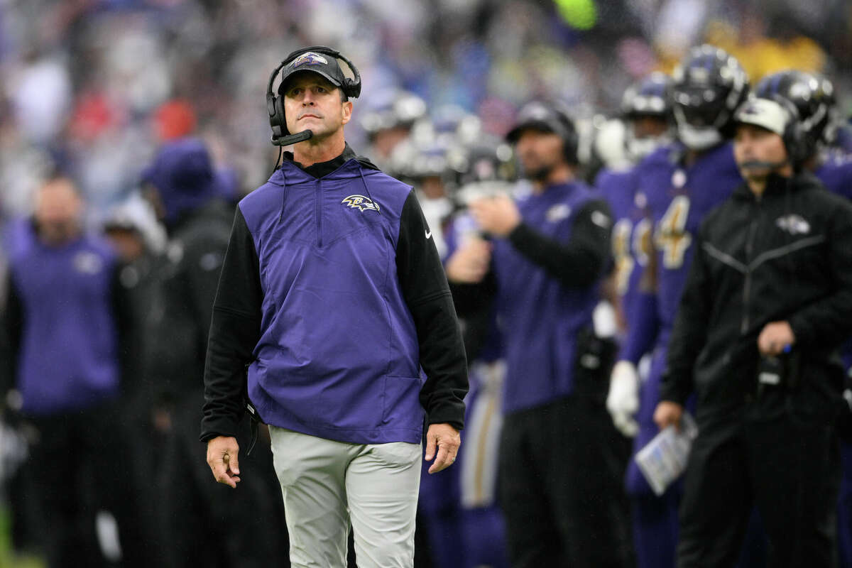 Baltimore Ravens head coach John Harbaugh watches from the sideline in the second half of an NFL football game against the Buffalo Bills Sunday, Oct. 2, 2022, in Baltimore. 