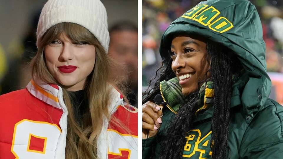 Taylor Swift (left) and Simone Biles (right) are just two of the celebrity fans who have been wearing Kristin Juszczyk-designed jackets to games this season.