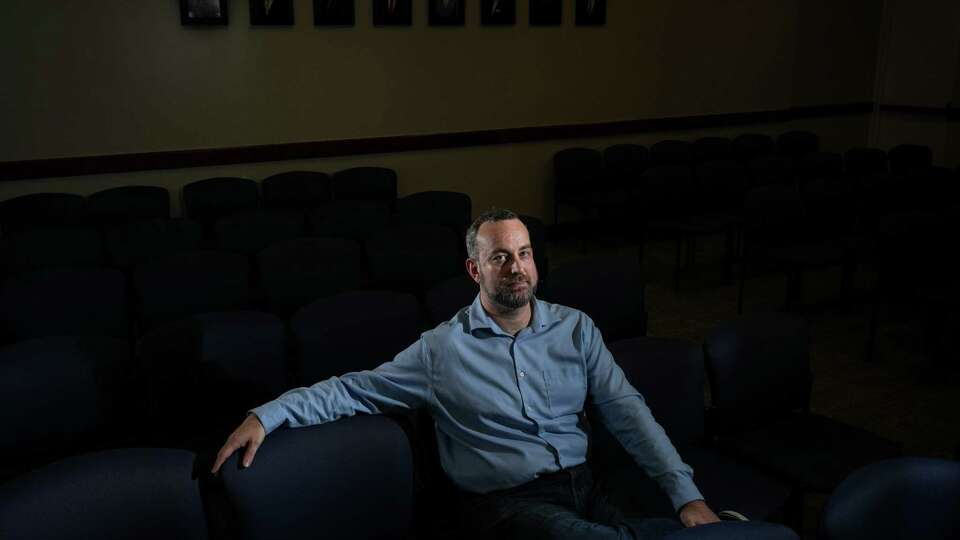 Dickinson Mayor Sean Skipworth poses for a portrait Thursday, Nov. 30, 2023, in the city council chamber at Dickinson City Hall in Dickinson.