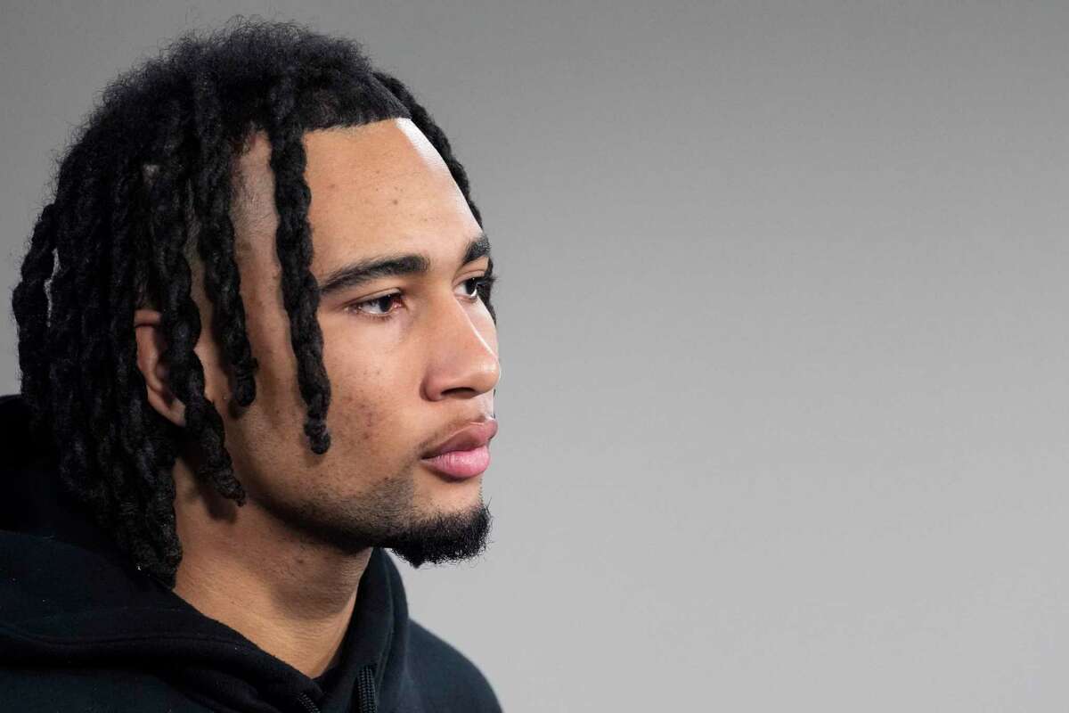 Houston Texans quarterback C.J. Stroud speaks to the media during a news conference at NRG Stadium on Monday, Jan. 22, 2024 in Houston. The Texans, who won just three games the season before, finished the season with an overall record of 11-8, after being eliminated from the playoffs in a 34-10 loss to the Baltimore Ravens.