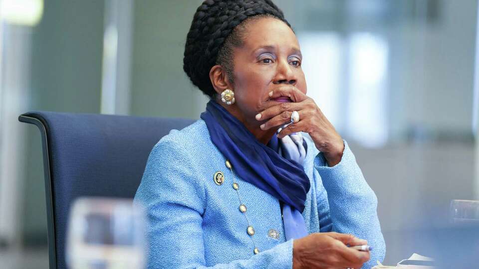 U.S. Rep. Sheila Jackson Lee (TX-18) listens to the Houston Chronicle Editorial Board with her primary challenger Amanda Edwards on Friday, Jan. 26, 2024 in Houston.