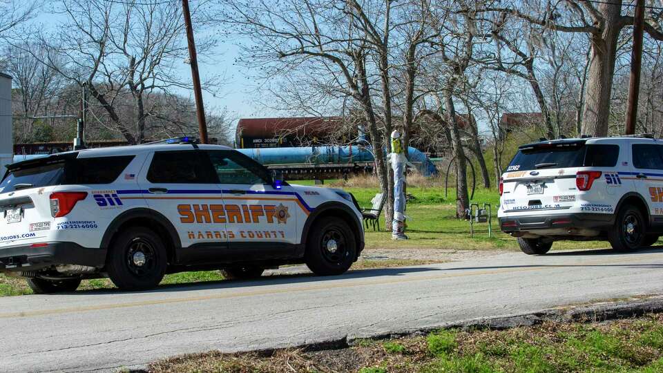 Harris County Sheriff's office personnel respond to the site where a train reportedly fataly struck a pedestrian near the 6400 block of Ackley, Tuesday, Jan. 30, 2024 in Humble.