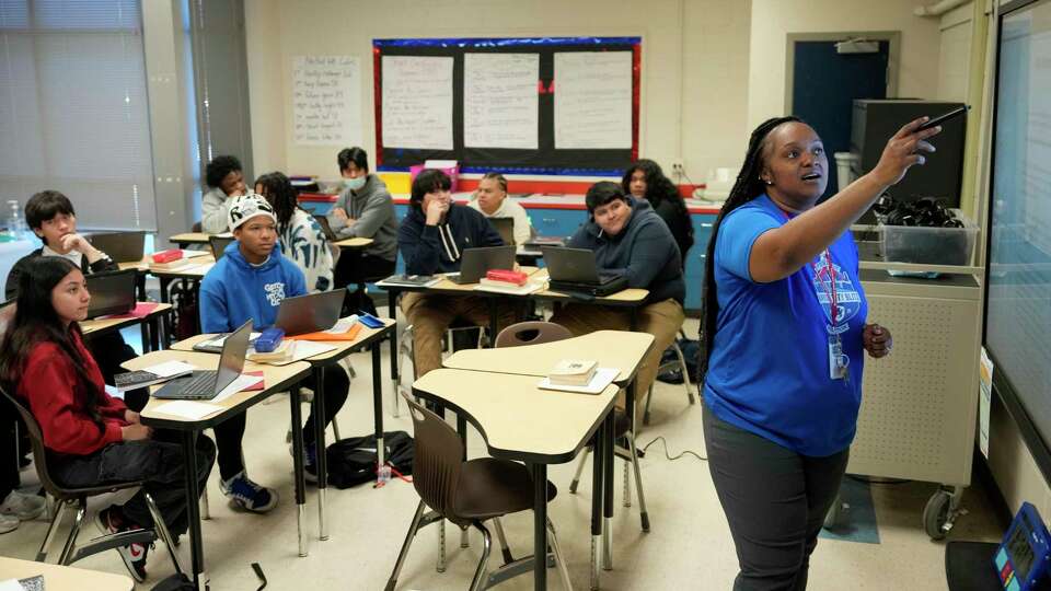 Shardae Merritt teaches English III AP at Kashmere High School, 6900 Wileyvale Rd., Tuesday, Feb. 6, 2024, in Houston.