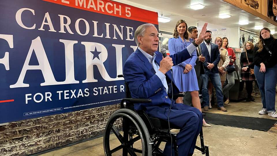 Gov. Greg Abbott addresses a crowd in support of GOP primary candidate Caroline Fairly, who is running for Texas House District 87, on Feb. 2, 2024, in Amarillo, Texas.