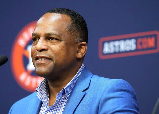 Houston Astros GM Dana Brown speaks during a press conference announcing they agreed to a five-year contract extension for Jose Altuve at Minute Maid Park on Wednesday, Feb. 7, 2024, in Houston.