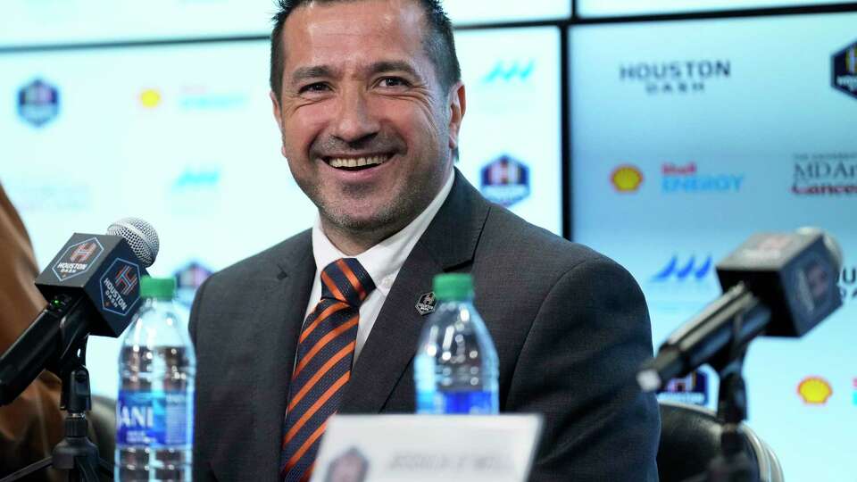 Houston Dash introducing new head coach Fran Alonso during a press conference on Tuesday, Feb. 13, 2024 at Shell Energy Stadium in Houston.