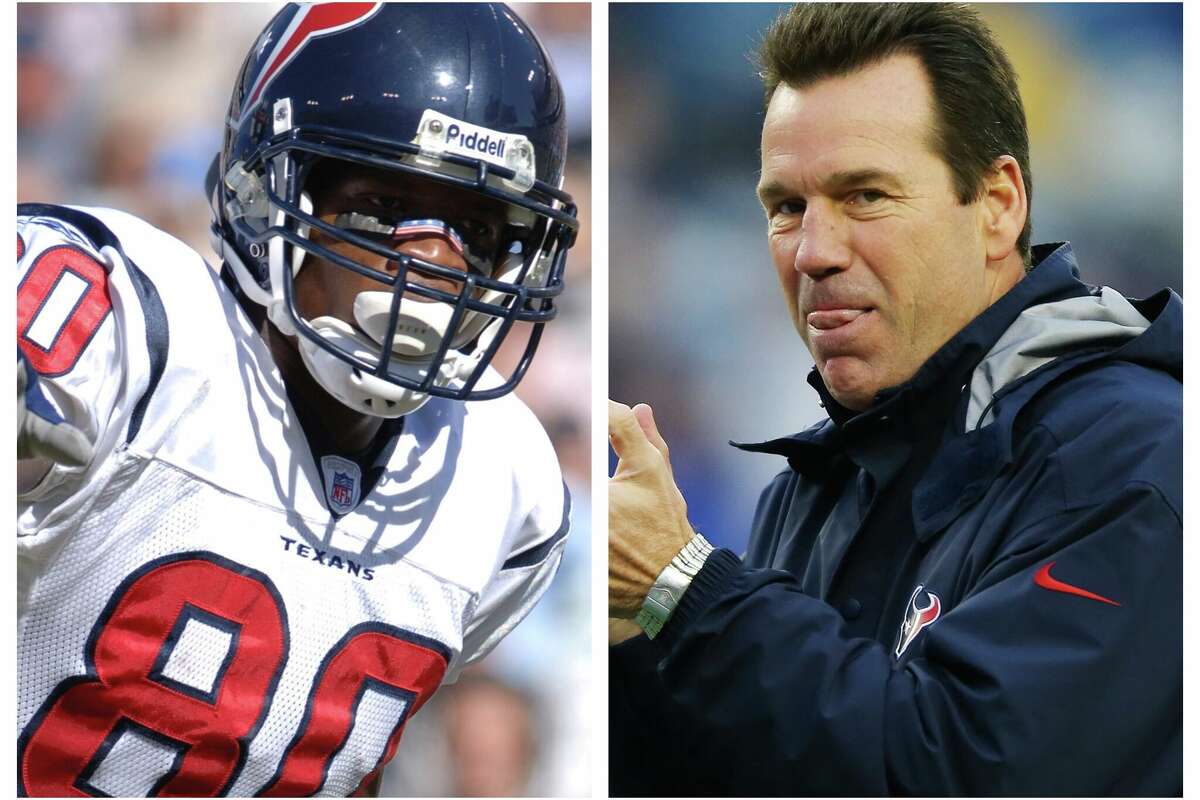 Houston Texans great Andre Johnson, left, recently credited his former coach, Gary Kubiak, for helping him reach the Pro Football Hall of Fame.