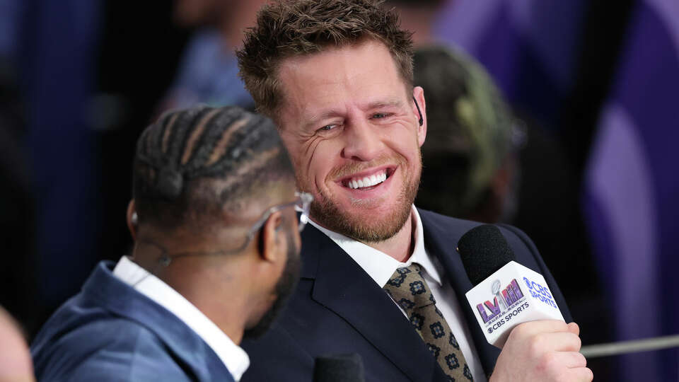 Former Houston Texans star J.J. Watt reacts prior to Super Bowl LVIII between the San Francisco 49ers and the Kansas City Chiefs at Allegiant Stadium on February 11, 2024 in Las Vegas, Nevada. 