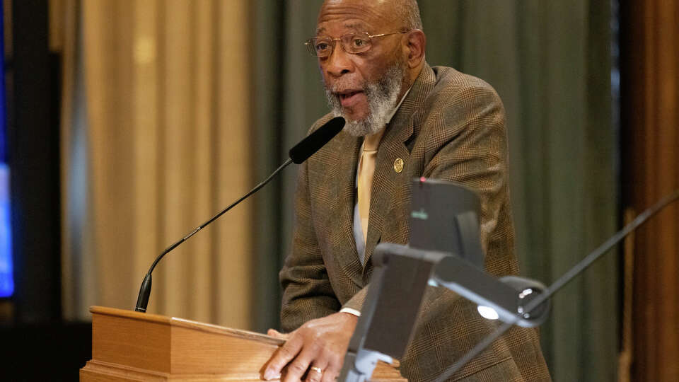 Reverend Amos Brown speaks at a meeting considering a resolution about the effect racism, urban renewal and policing have had on the black community at City Hall in San Francisco on Thursday, Feb. 15, 2024.