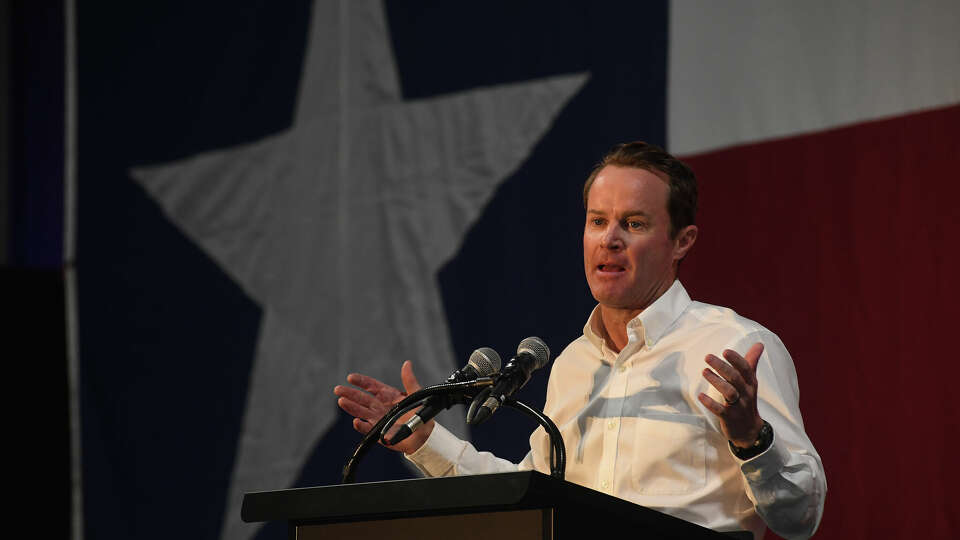 Dade Phelan addresses the crowd during a campaign rally at Jack Brooks Airport. Photo made Thursday, Feb. 15, 2024 Kim Brent/Beaumont Enterprise