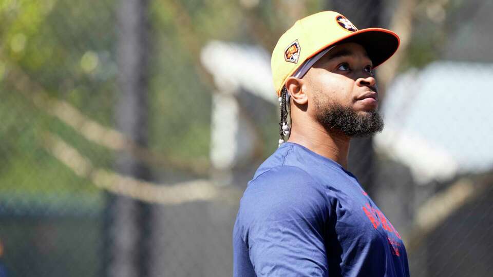 Houston Astros outfielder Corey Julks (9) during the full squad workouts for the Astros at CACTI Park of the Palm Beaches on Tuesday, Feb. 20, 2024, in West Palm Beach, Fl.