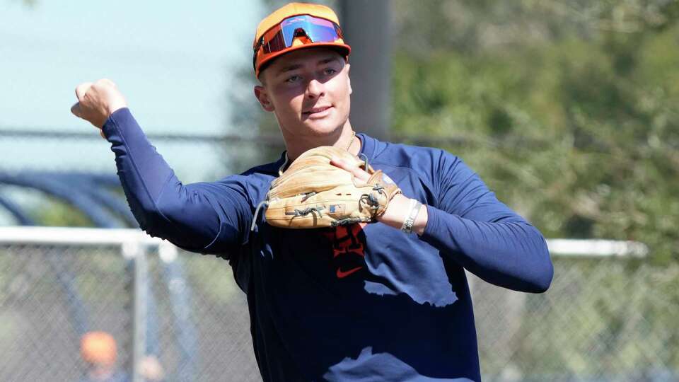 Houston Astros infielder Zach Dezenzo (84) during the full squad workouts for the Astros at CACTI Park of the Palm Beaches on Tuesday, Feb. 20, 2024, in West Palm Beach, Fl.