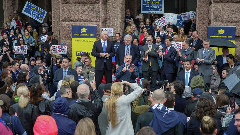 Gov. Greg Abbott speaks on the north steps of the State Capitol to supporters at a Texas Public Policy Foundation Parent Empowerment rally on Tuesday, March 21, 2023 in Austin. Abbott and his supporters are pushing to have a voucher system, also known as school choice. (Ricardo B. Brazziell /Austin American-Statesman via AP)