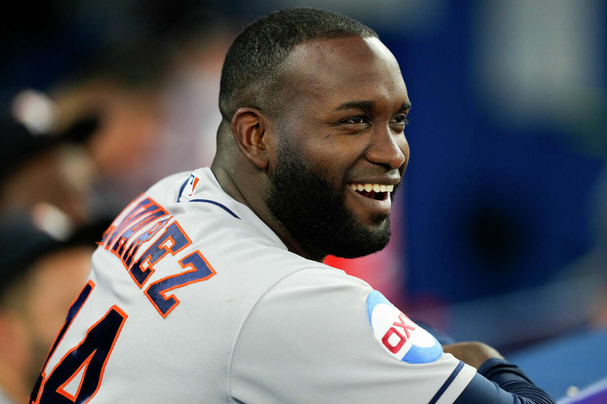 Yordan Alvarez #44 of Houston Astros smiles while playing against the Toronto Blue Jays during the fifth inning in their MLB game at the Rogers Centre on June 5, 2023 in Toronto, Ontario, Canada.