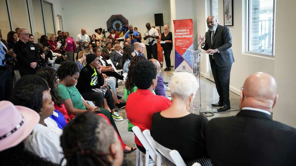 David Northern, president and CEO of the Houston Housing Authority, speaks during a ribbon-cutting event Wednesday, Feb. 28, 2024, at Rasmus-Tenemos Place in Houston.