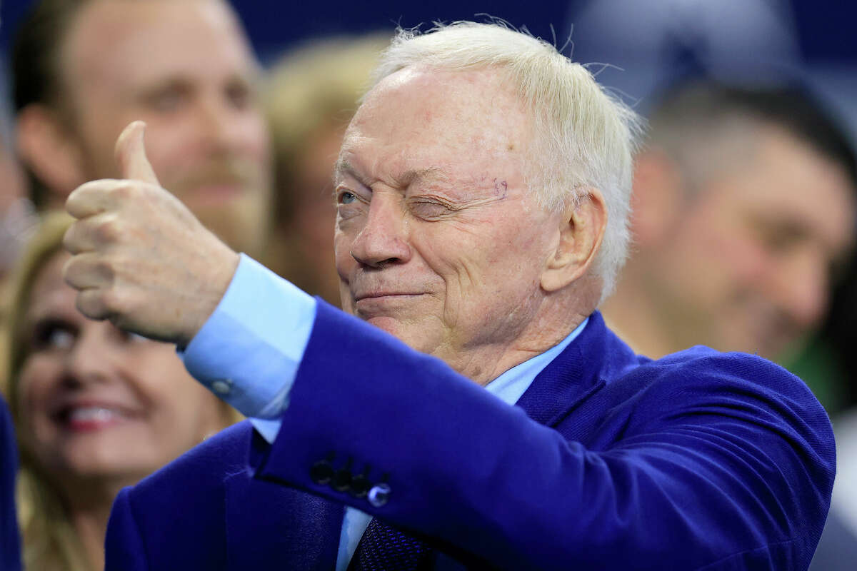 Dallas Cowboys owner Jerry Jones waves to fans during the game against the New York Giants at AT&T Stadium on November 12, 2023 in Arlington, Texas. 