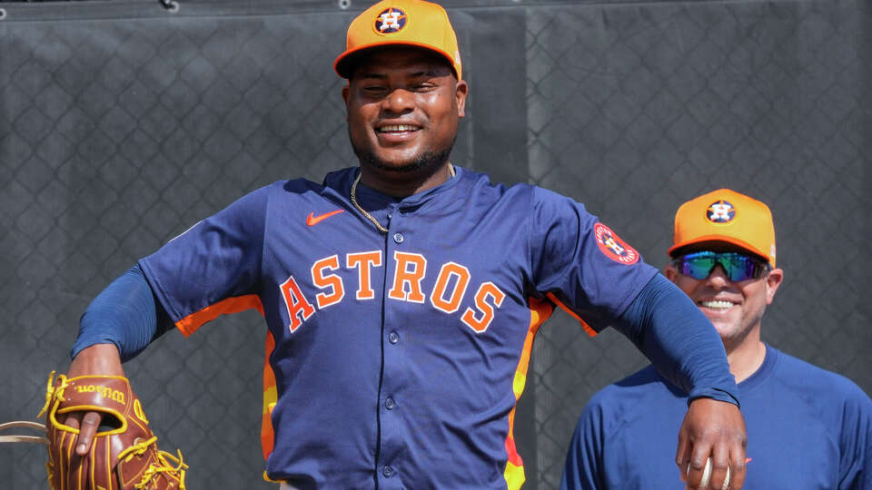 Houston Astros pitcher Framber Valdez (59) takes a moment between pitches during workouts for Houston Astros pitchers and catchers at CACTI Park of the Palm Beaches on Thursday, Feb. 15, 2024, in West Palm Beach, Fl.