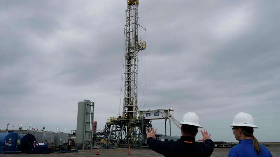 A standard drilling rig is seen that Chevron will be drilling its first onshore test well for the Bayou Bend CCUS project on Thursday, Feb. 22, 2024 in the Winnie area of Texas. It is expected to have the capacity to store more than 1 billion metric tons of carbon dioxide in underground geologic structures. (Yi-Chin Lee/Houston Chronicle via AP)