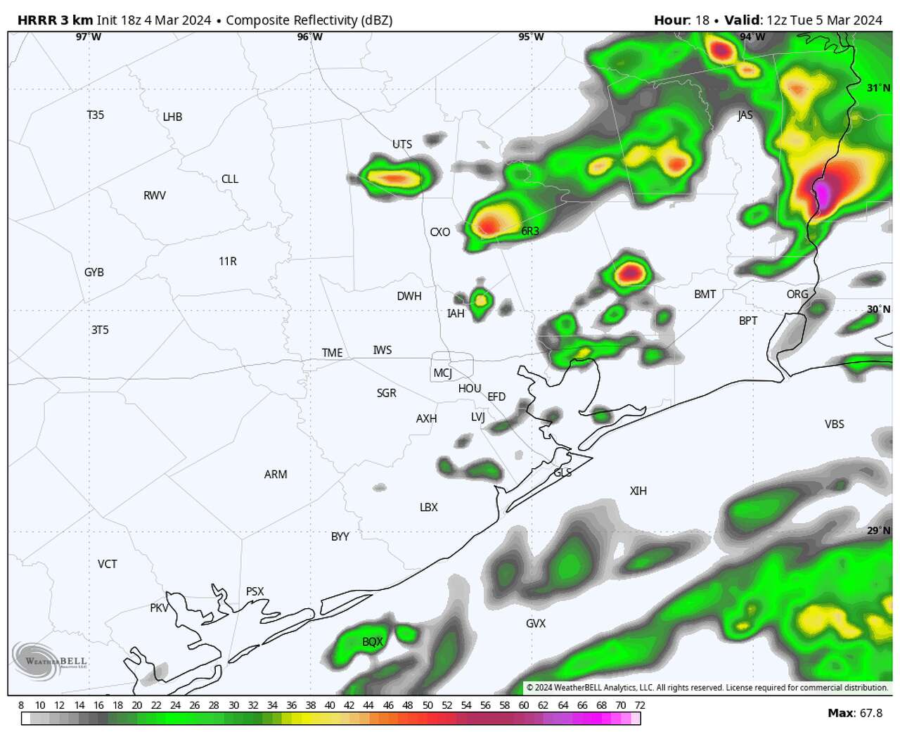 This map shows how future radar could look early Tuesday morning according to the High Resolution Rapid Refresh model. Isolated to widely scattered storms are going to be possible before 8 a.m. After morning showers push east of the Houston area, skies throughout the afternoon should clear out.
