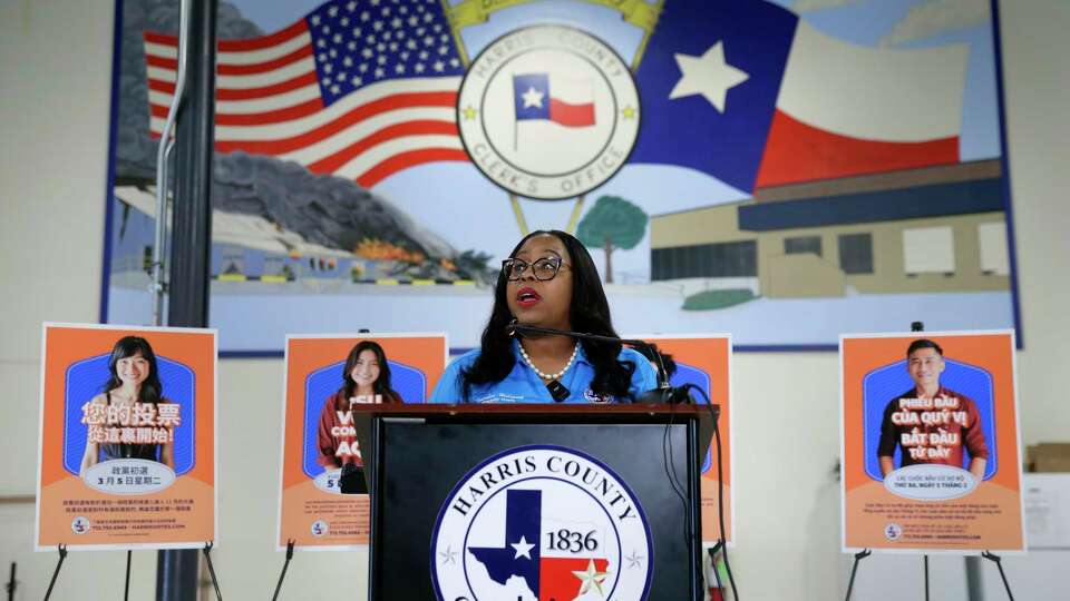 Teneshia Hudspeth, Harris County Clerk, gives a 2pm update on voting at a press conference held in the warehouse at the Election Technology Center Tuesday, Mar. 5, 2024 in Houston.