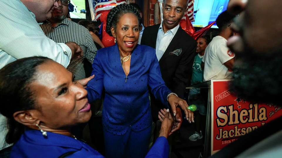 Rep. Sheila Jackson Lee, D-Texas, greets her supporters during her election night watch party on Tuesday, March 5, 2024 in Houston. Jackson Lee is facing Amanda Edwards in the race for re-election for 18th congressional district seat.