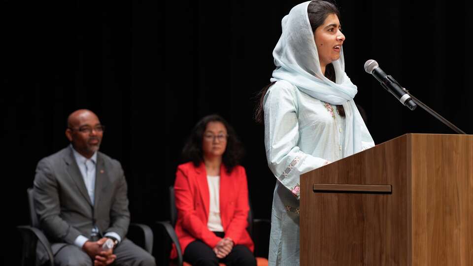 Nobel Peace Prize laureate Malala Yousafzai speaks before a private audience at Malala Yousafzai Elementary School on Sunday, March 3, 2024.