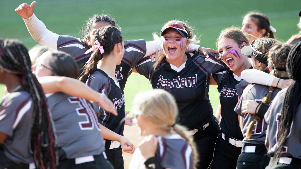 Pearland celebrates after defeating Denton Guyer 4-2 to win the Class 6A state championship at Red & Charline McCombs Field, Saturday, June 3, 2023, in Austin.