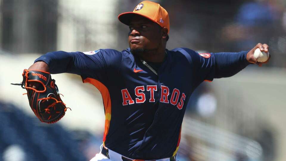 WEST PALM BEACH, FLORIDA - MARCH 11: Framber Valdez #59 of the Houston Astros pitches against the Detroit Tigers during the third inning in a spring training game at CACTI Park of the Palm Beaches on March 11, 2024 in West Palm Beach, Florida.