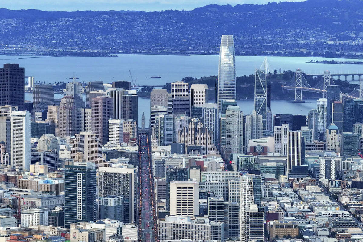 SAN FRANCISCO, CA - MARCH 5: An aerial view of San Francisco City as seen from Twin Peaks of San Francisco in California, United States on March 5, 2024. (Photo by Tayfun Coskun/Anadolu via Getty Images)