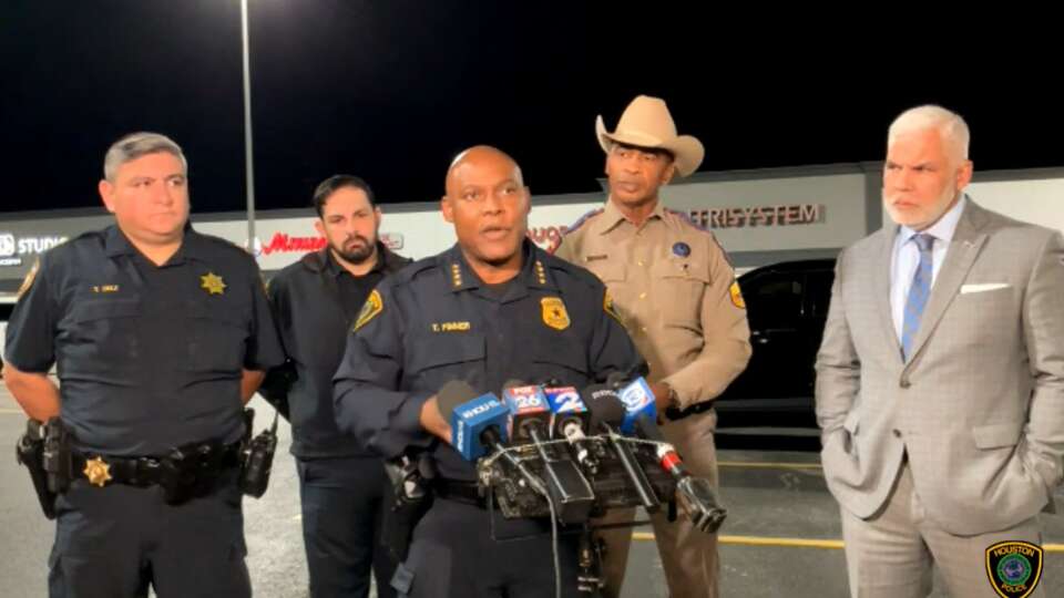 HPD Chief Troy Finner leads a news conference in Montgomery County following a fatal shooting of a robbery suspect Monday night, March, 11, 2024.